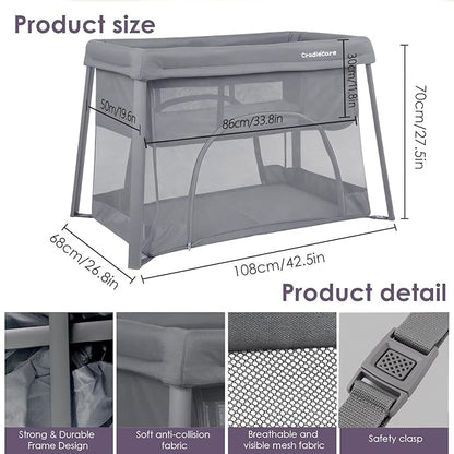 Pack and Play with Bassinet & Mattress, Lightweight Portable Baby Bed, Foldable Travel Bassinet Playard with Storage Bag, Easy Setup Playpen for Babies & Toddlers (Grey)