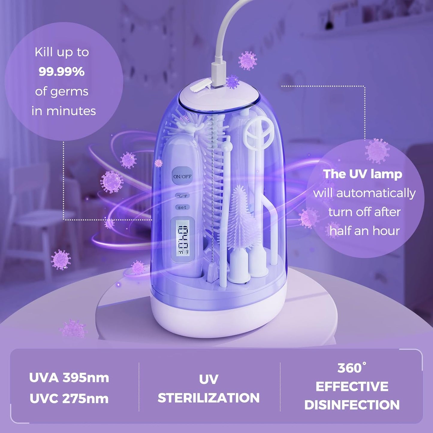 Electric Bottle Brush Cleaner,Rechargable Electric Baby Bottle Brush Cleaner with Thermometer,Silicone Bottle/Nipple/Straw Brush,Drying Rack,Travel Bottle Cleaner Kit for New Moms (Pink)