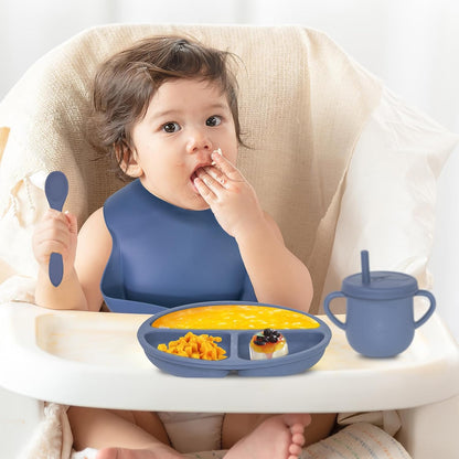 100% Silicone Baby Feeding Set, BPA Free Baby Dishes with Suction Bowl, Divided Plate, Toddler Self Feeding Dish Set with Spoons, Forks, Sippy Cup and Bib, Baby Eating Utensils (Navy Blue)