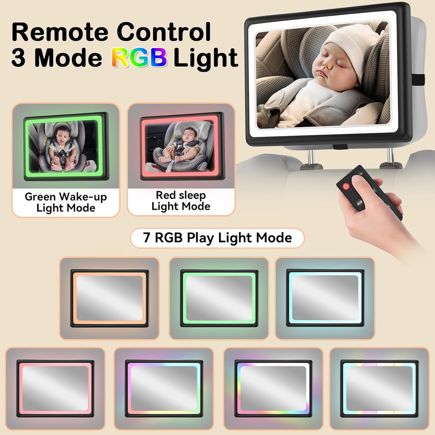 Baby Car Mirror with Light - Remote Control, 360° Adjustable, Shatter Resistant Car Seat Mirror - Clear Night Vision, Easy Installation for Rear Facing Infants