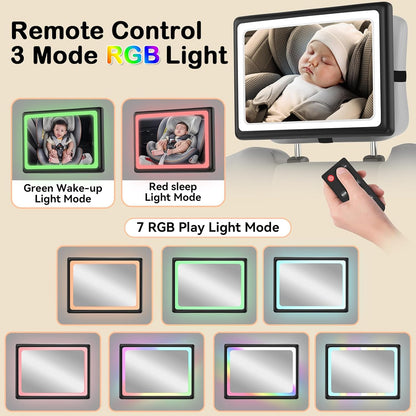 Baby Car Mirror with Light - Remote Control, 360° Adjustable, Shatter Resistant Car Seat Mirror - Clear Night Vision, Easy Installation for Rear Facing Infants