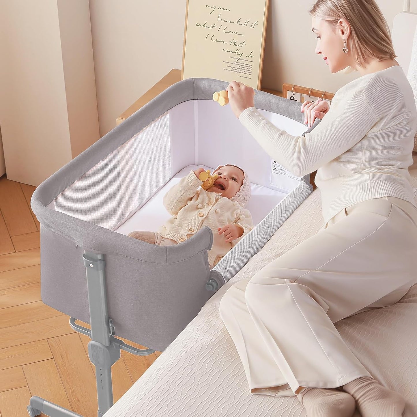 Larex Baby Bassinet, 3 in 1 Bassinets Bedside Sleeper Crib Sleeper for Newborn, Portable Crib Adjustable 7 Height Bedside Bassinet with Mattress and Movable Wheels，Breathable Mattress&Mesh(Dark Grey)