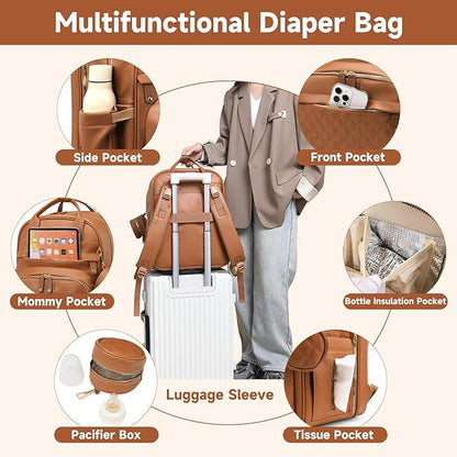 ANWTOTU Leather Baby Diaper Bags with Changing Station,Extra large Capacity Baby Diaper Bag Backpack,Waterproof Baby Essentials(Brown)