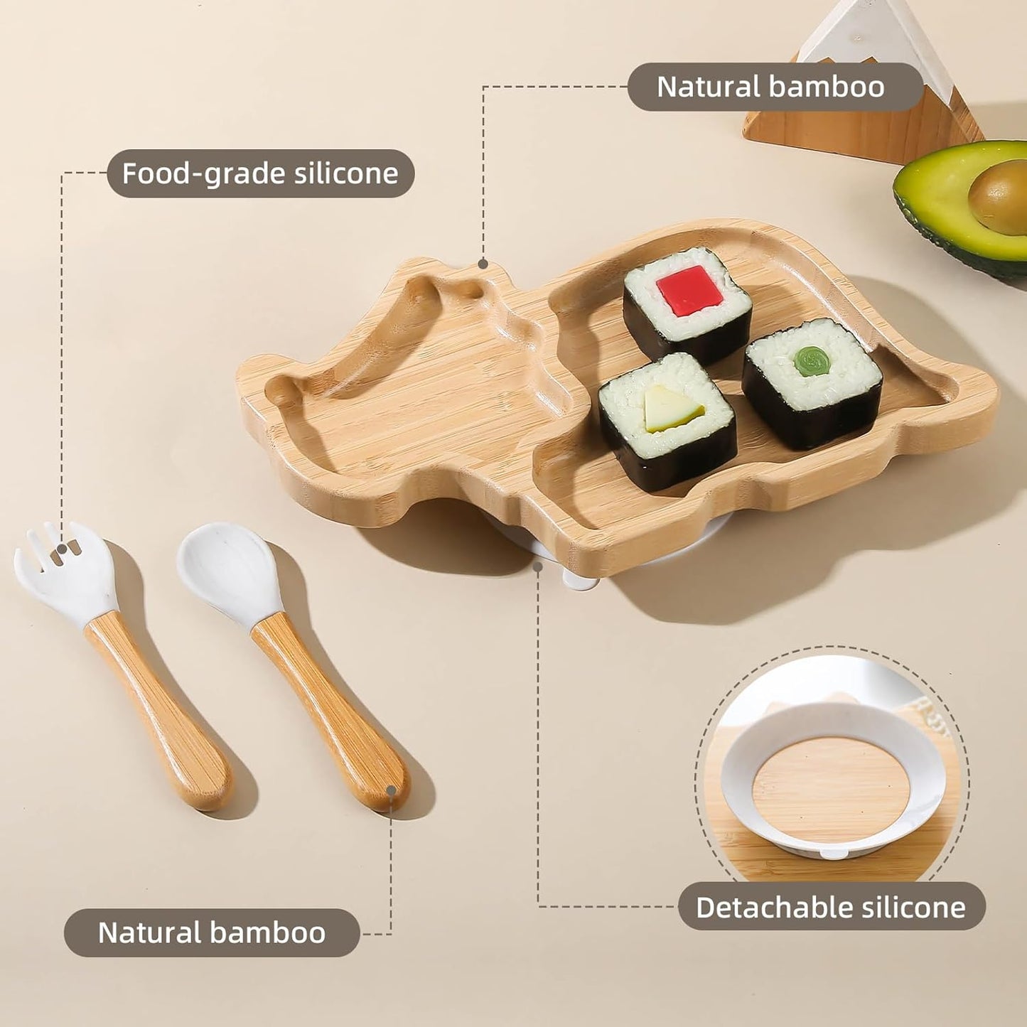 HBM Bamboo Baby Plate Set with Suction - Dinosaur Divided Toddler Dishes with Matching Fork & Spoon | Natural Wood Stay-Put Feeding Set for Infants & Kids (Marble Texture Not Stains)
