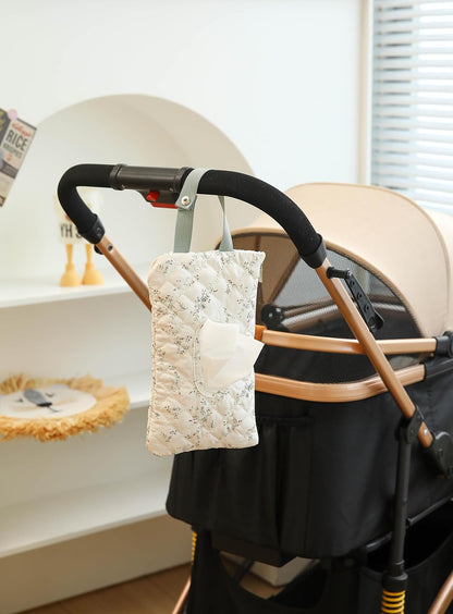 Quilted Baby Wipe Holder Quilted Wipe Pouch Portable Hanging Floral Wet Wipes Bag for Car, Stroller