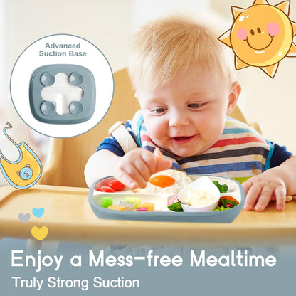 Domensi Kids Porcelain Plates with Silicone Sleeves 8.2 Inch Divided Porcelain Plate Toddler White Suction Dishes for Baby Troubleless Eating Microwave Dishwasher Safe(Stylish,3 Set)