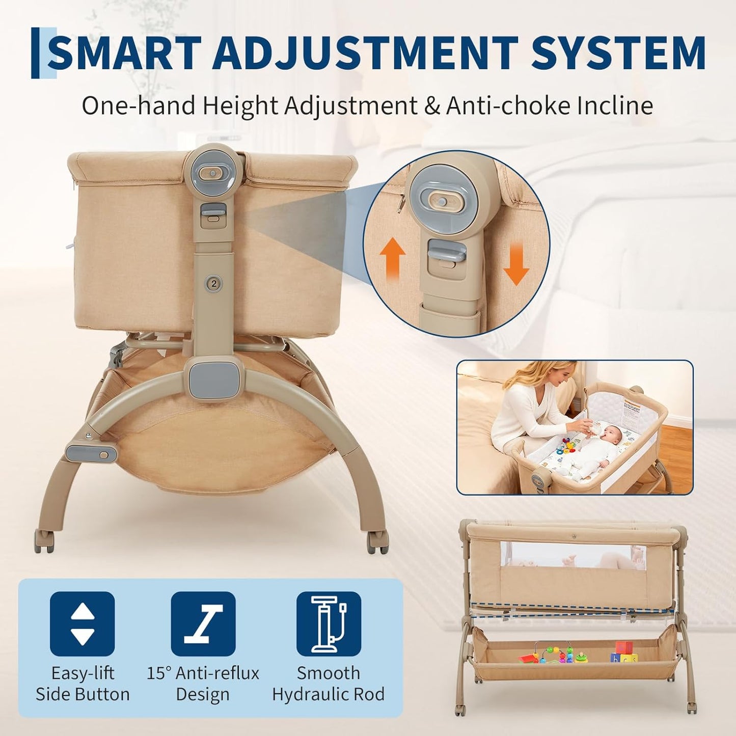 GarveeTech Bedside Bassinet Baby Bassinet for Baby, 3 in 1 Bedside Sleeper with Baby Co-Sleeper Travel Crib with Detachable Mosquito Net & Storage Basket | Adjustable Height, Wheels Included (Khaki)