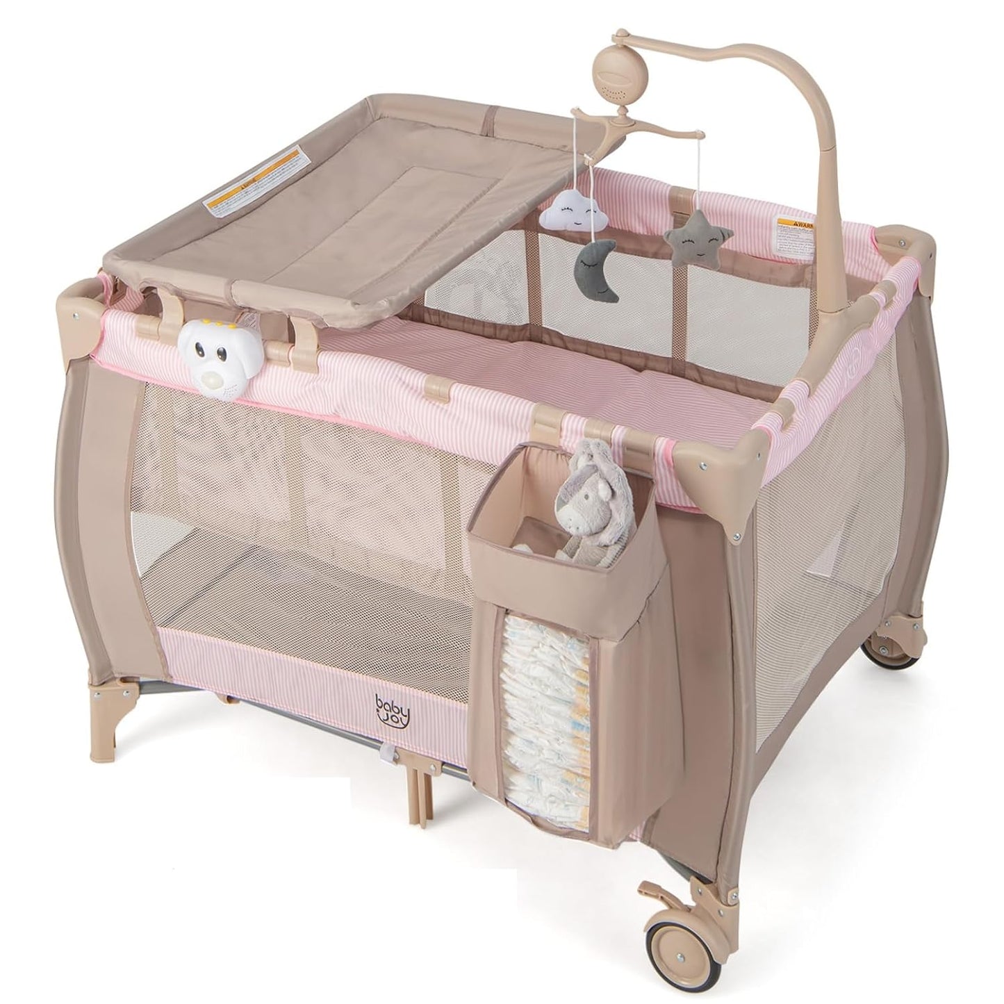 Costzon 3 in 1 Pack and Play with Bassinet, Portable Baby Playard with Changing Table, Music Box, Whirling Toys, Wheels/Brake, Basket, Foldable Infant Bassinet Crib for Baby Toddlers Indoor Outdoor