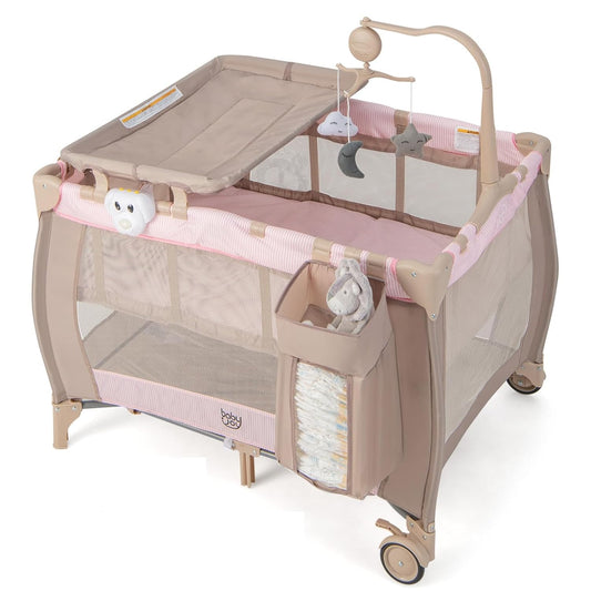 Costzon 3 in 1 Pack and Play with Bassinet, Portable Baby Playard with Changing Table, Music Box, Whirling Toys, Wheels/Brake, Basket, Foldable Infant Bassinet Crib for Baby Toddlers Indoor Outdoor