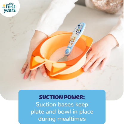 The First Years Bluey Kids Dinnerware Set - Includes Bluey Suction Plate, Bingo Suction Bowl, and Stainless Steel Toddler Silverware - Toddler and Baby Feeding Essentials - 4 Count