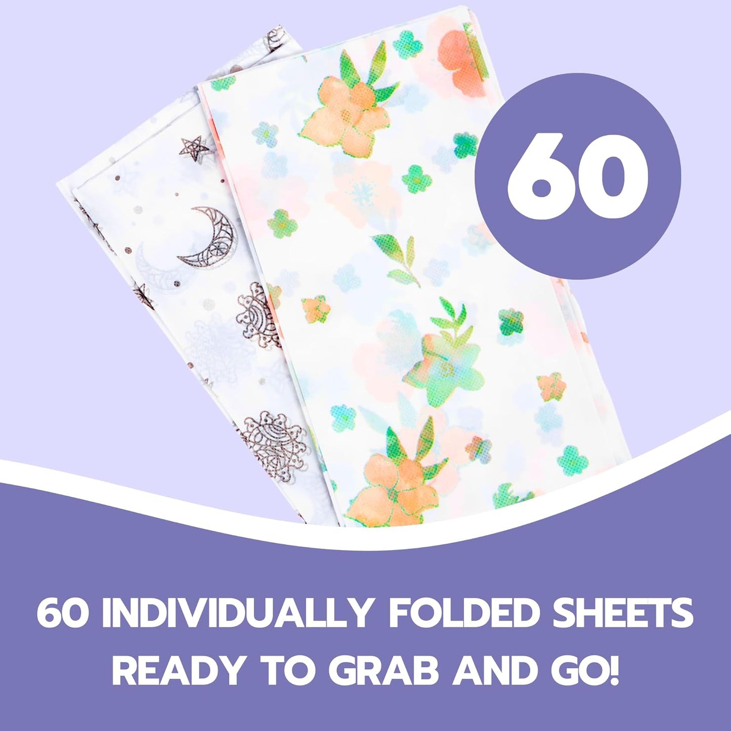 30 Pack Disposable Splat Mats by Eli with Love - Extra Large 49"x49" 100% Waterproof Baby Splat Mat for Under High Chair - Plastic Mat Liner for Floor - Protect from Spills (Moon & Stars, 30 Pack)