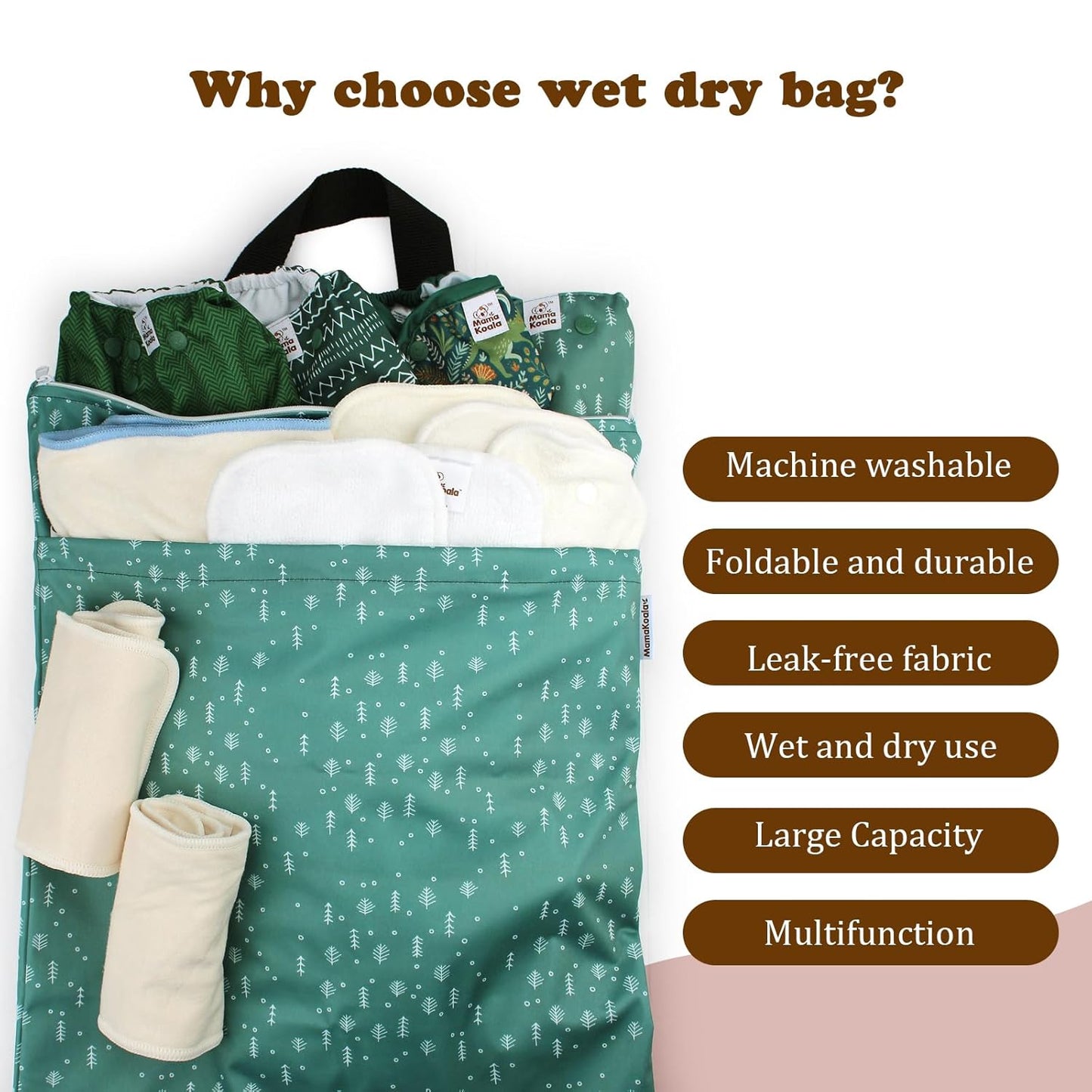 Mama Koala Reusable Hanging Wet Dry Bags for Baby Items, Cloth Diapers, Swimsuits, Travel, Gym Clothes, Beach, Pump Parts, Toiletries, Two Zippered Pockets, 2 Pack (W004L)