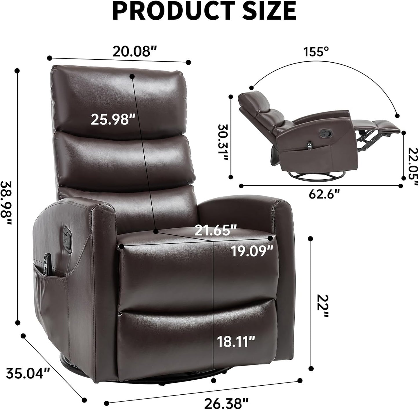 Massage Chair Recliner with Heat, Swivel Rocking Chair Recliner with High Back, Manual Nursery Recliners for Adults,Small Recliner Chair for Small Spaces, Living Room Bedroom, Fabric (Blue Green)