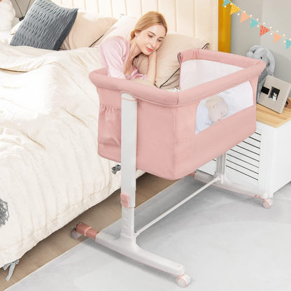 BABY JOY Bassinet Bedside Sleeper, 3 in 1 Folding Crib w/Adjustable Height, Mattress, Lockable Wheels, Storage Pocket & Carry Bag for Infant Newborn, Stationary & Rock, Portable Baby Bassinet (Grey)