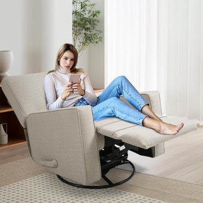 Swivel Rocker Recliner Chair for Adults, High Back Fabric Recliner with Deep Seat, Manual Glider for Living Room & Nursery, Grey