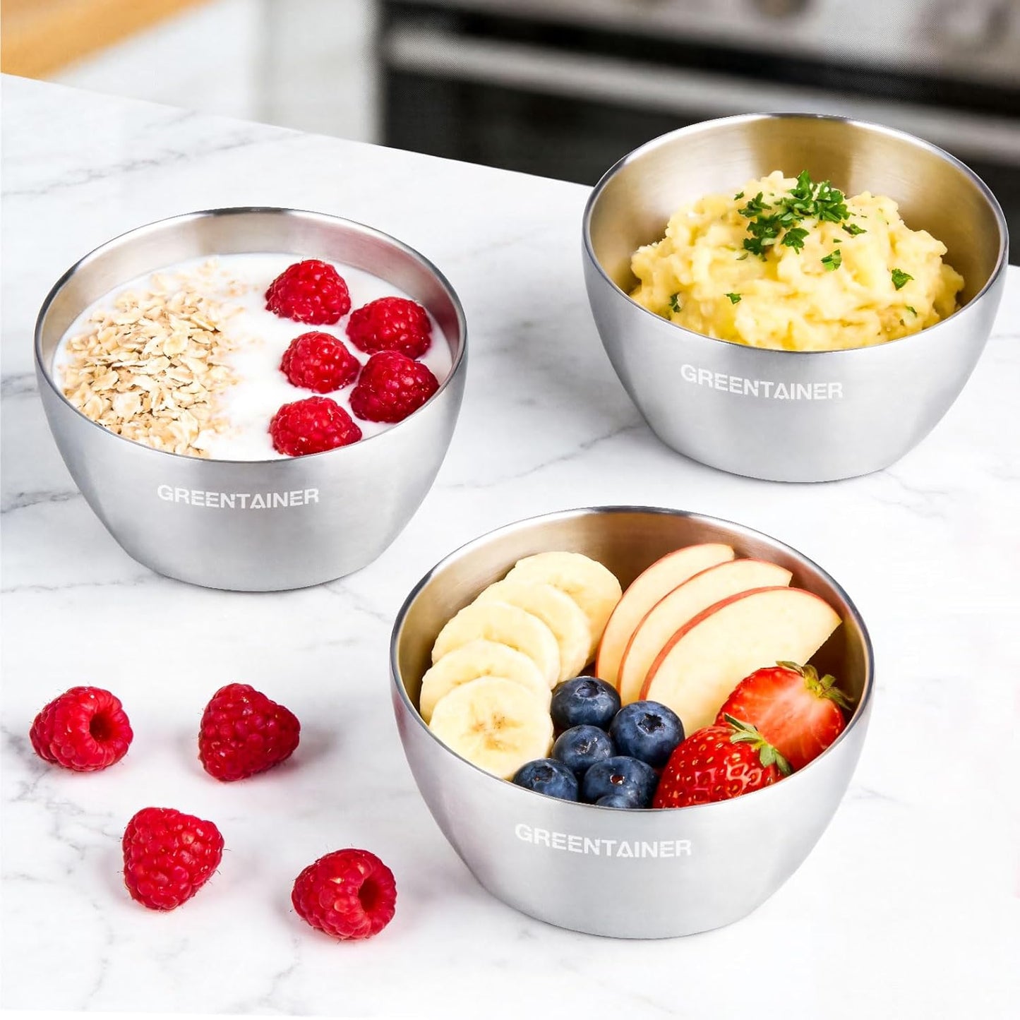 Greentainer Stainless Steel Baby Bowl Set of 3, Double Wall Insulated, Unbreakable Toddler Bowls with Removable Silicone Suction Base, Non-Slip, Dishwasher Safe, BPA-Free for Infants 6+ Months (Green)
