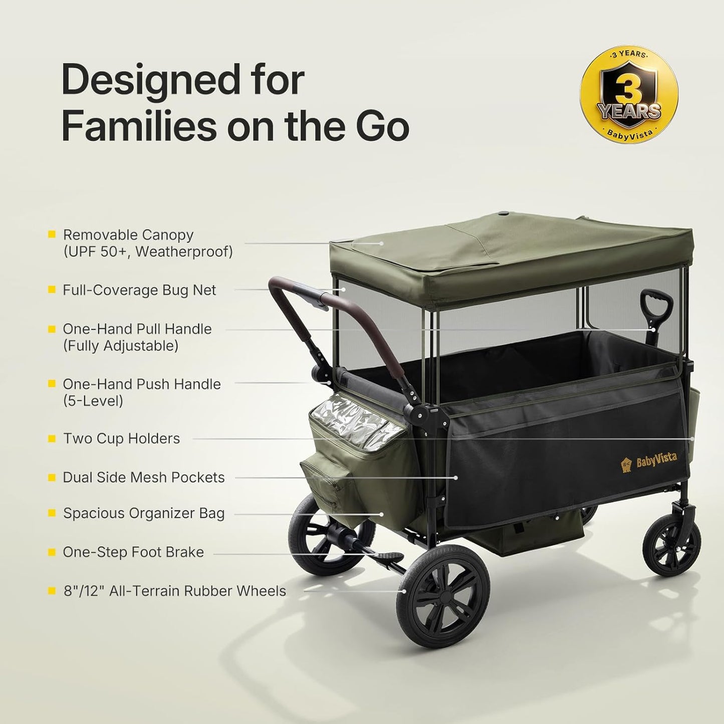 Stroller Wagon for Kids, One-Hand Adjustable Push/Pull Handle, Spacious Storage, 8"/12" All-Terrain Wheels, Canopy with Bug Net, Wagon Stroller for Daily Walks, Short Trips & Grocery Runs