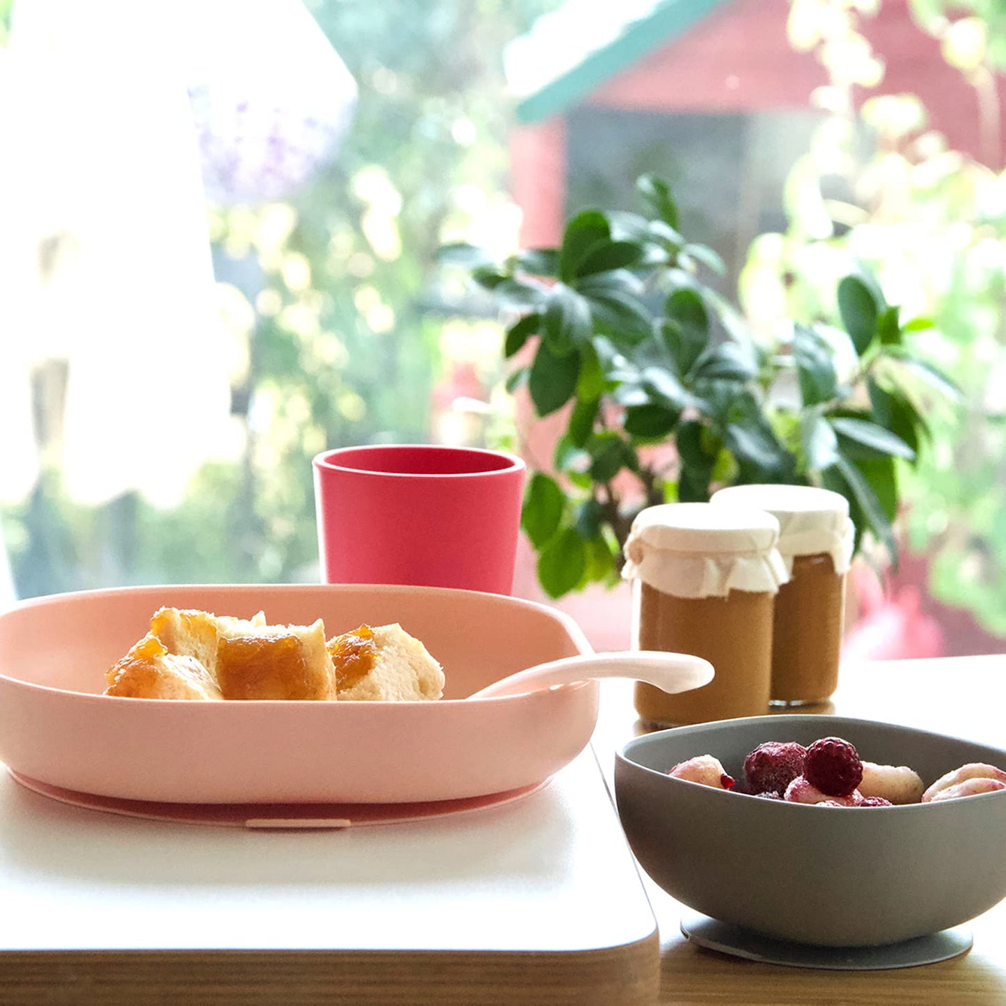 BEABA 100% Silicone 4-Piece Baby Feeding Set, Suction Plates for Baby, Made w/High Grade Food Safe Silicone, Rose