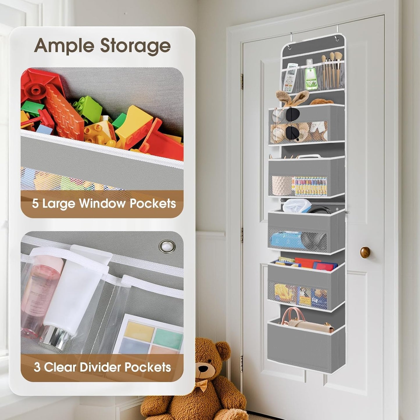 SpaceHacks 1 Pack Over The Door Organizer, Hanging Storage Organizer with Clear Window, 40lb Ultra Sturdy Large Capacity Room Organizer for Pantry Laundry Bathroom Nursery Closet Baby Essential (Grey)
