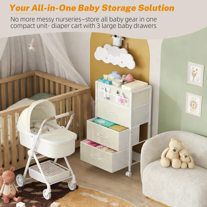 4-Tier Baby Diaper Caddy Organizer Cart with 3 Storage Drawers, Rolling Cart with Dividers & Side Pockets for Nursery, Baby Essentials, Toys, Wipes & Creams, Portable Kids Storage Cart & Station