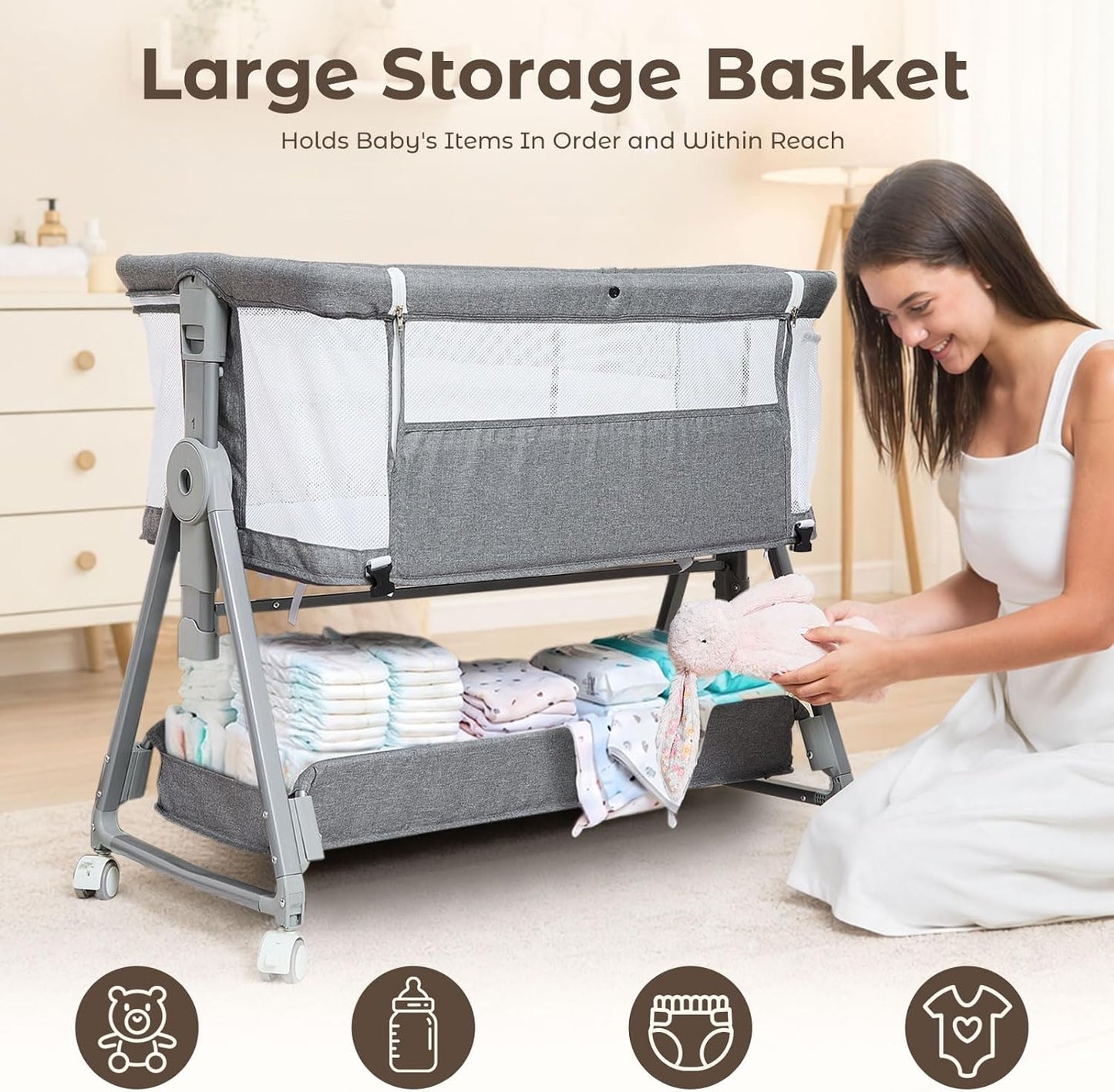 3-in-1 Baby Bassinet Bedside Sleeper with Wheels Bedside Bassinet for Newborn and Infant with Mattress and Storage Basket | Adjustable Height & Angle (13.5-18") | ASTM/CPSIA Certified (Pink)