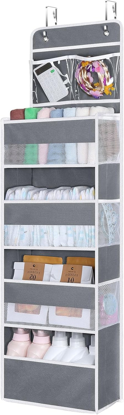 Univivi Over The Door Organizer, 5 Shelf Door Hanging Organizer Nursery Door Storage with 4 Large Compartments and 2 Small PVC Pockets 6 Side Pockets for Bathroom,Cosmetics and Nursery Baby Essential