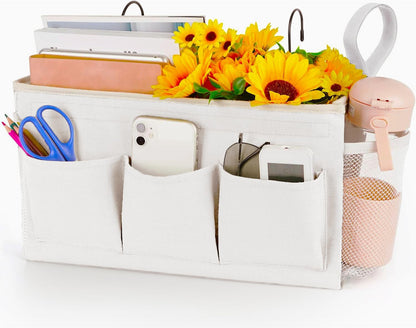 Loghot Bedside Caddy/Bedside Storage Bag Hanging Organizer for Bunk and Hospital Beds,Dorm Rooms Bed Rails,Can be Placed Glasses,Books,Mobile Phones,Keys (White)