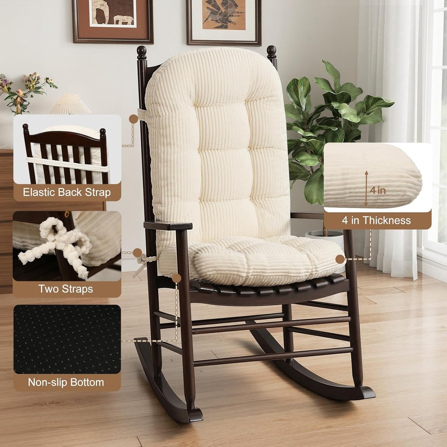 idee-home Wingback Rocking Chair Cushions Indoor, Glider Rocker Replacement Cushions with Removable Corduroy Cover, Wooden Adirondack Chair Pad Non-Slip Bottom Tufted Seat Pads with Ties, Green