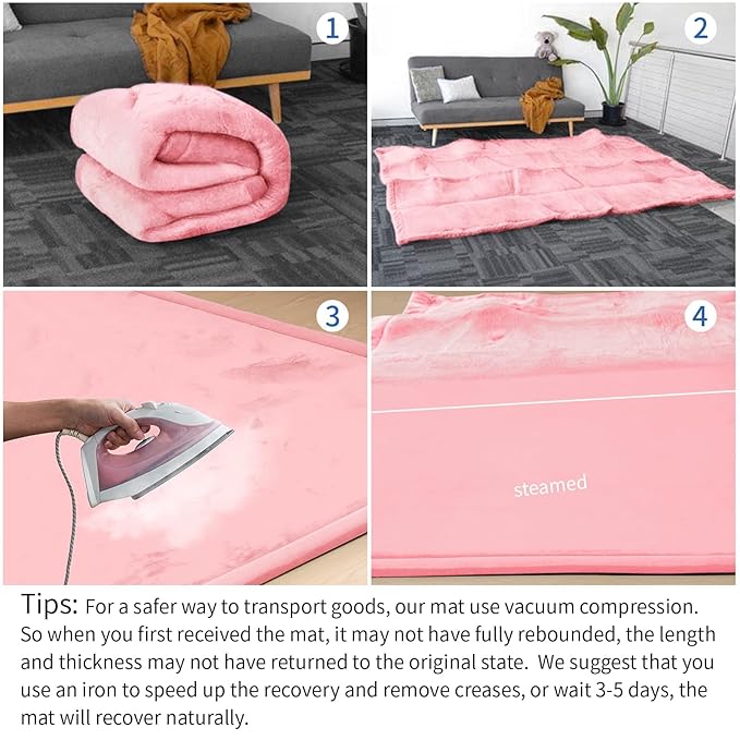 Huloo Sleep Baby Play Mat for Floor,1.3" Thick Elasti-Foam 74×50 Playpen Mat for Toddlers Infant kids,Water-Repellent Soft Coral Velvet for Tummy Time, Non-Slip Backing for Crawling,Tatami Style(Pink)