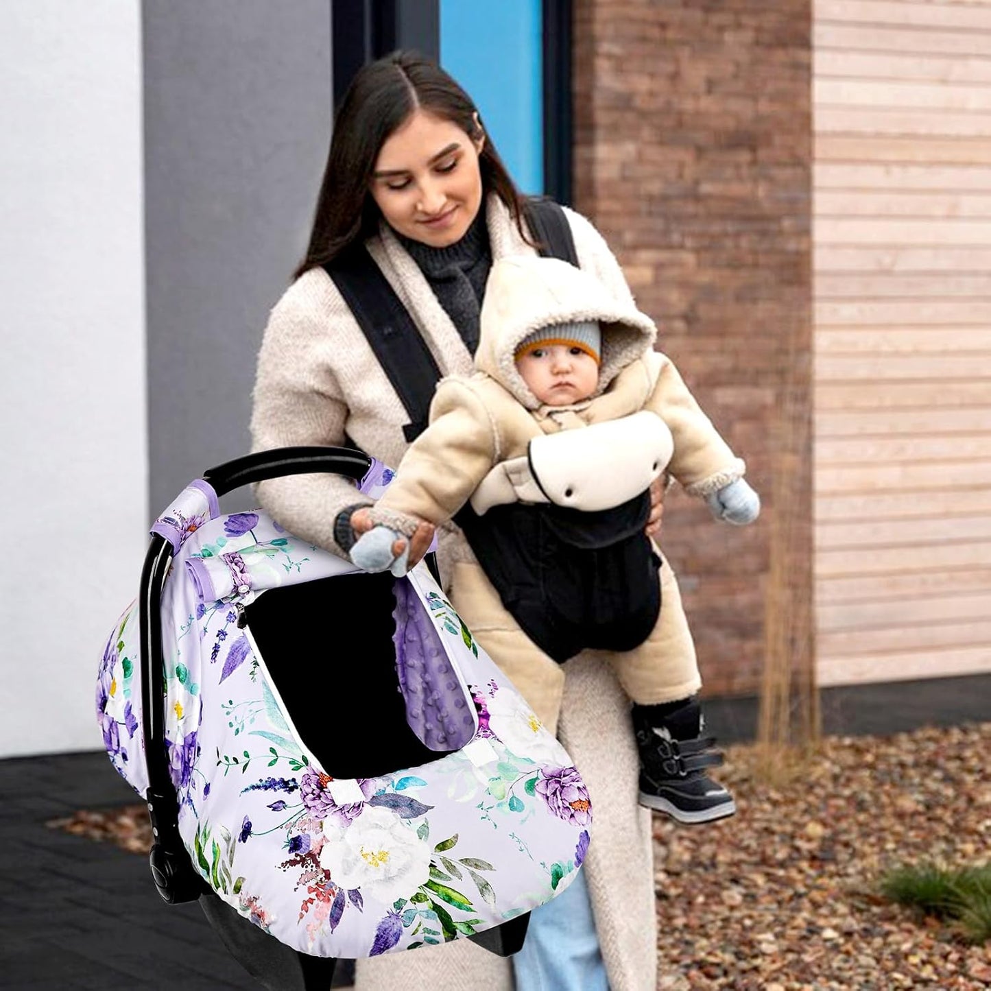 Car Seat Cover Baby Girl, Warm Winter Carseat Cover for Baby, Kick-Proof Infant Car Seat Cover with Peep Window, Windproof & Cozy, Pink Rainbow