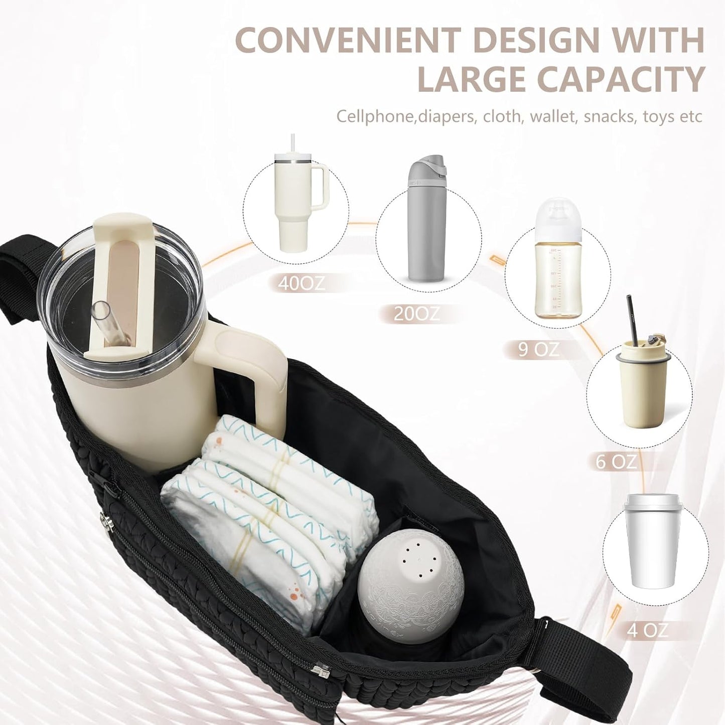 Stroller Organizer With Insulated Bottle Holder- Universal Fit, Detachable Bag, Fit For Most Of The Stroller And Pet Stroller (Black-B)