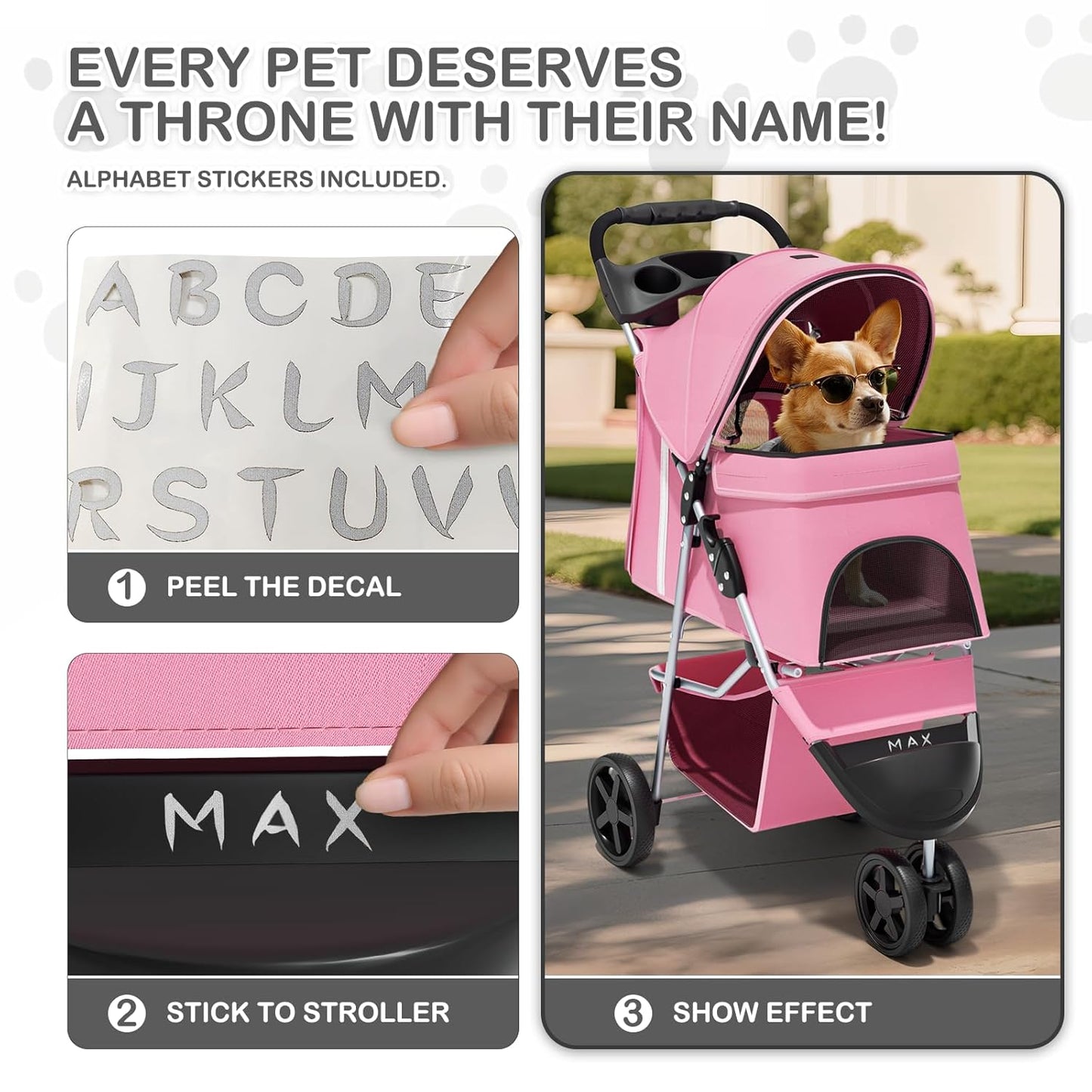 MoNiBloom Foldable Pet Stroller with Weather Cover, 3 Wheels Pet Strolling Cart for Small/Medium Dogs and Cats with Storage Basket and Cup Holder, Breathable and Visible Mesh for All-Season, Black
