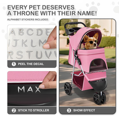 MoNiBloom Foldable Pet Stroller with Weather Cover, 3 Wheels Pet Strolling Cart for Small/Medium Dogs and Cats with Storage Basket and Cup Holder, Breathable and Visible Mesh for All-Season, Black