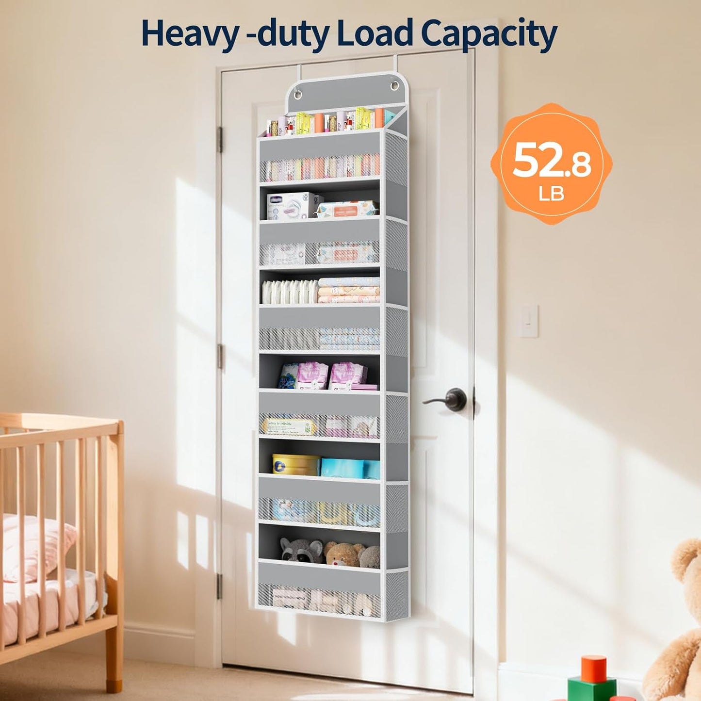 Yecaye 1 Pack Over the Door Organizer, 35.2lbs Load Toy Stuffed Animal Storage, Swing-proof Hanging Bathroom Organizers and Storage for Nursery Newborn Baby Essential Stuff Dorm Room Essentials