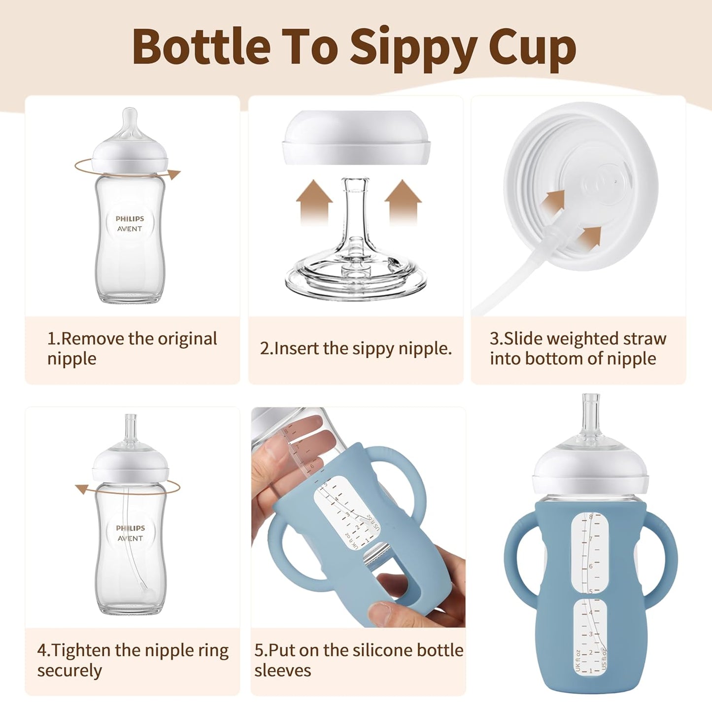 Straw Cup Conversion Kit for Philips Avent Natural Baby Bottles, Sippy Cups Transition Kit with Silicone Straw Top Nipples, Weighted Straw, Bottle Handle, Cleaning Brush for Toddler 6+ Month, 3-Pack