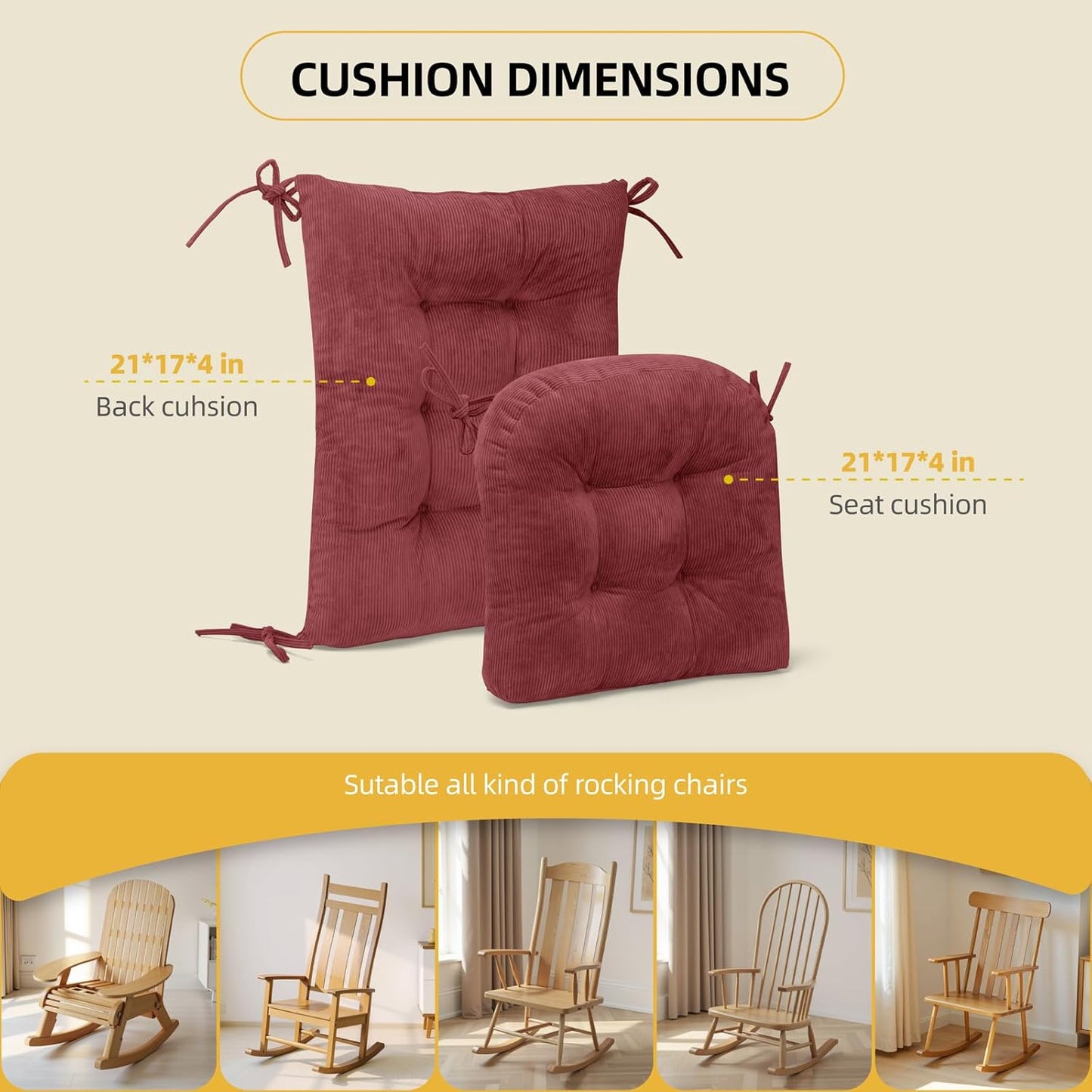 Millsilo Rocking Chair Cushions 3-Piece Set with Neck Pillow, Indoor Rocker Comfortable Tufted Non-Slip Pads with Ties, High-Density Foam Cushion for Adirondack Glider Chair, Orange, 52 x 19 x 4 Inch