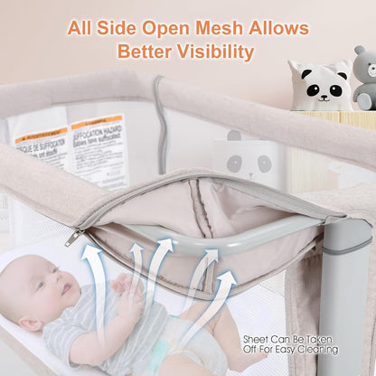 INFANS 3 in 1 Baby Bassinet, Bedside Sleeper for Newborn, Folding Crib with Mattress, Travel Bag, Wheels, 4-Sided Mesh, Easy to Assemble Cradle Co Sleeper Stationary, Rock (Dark Grey)