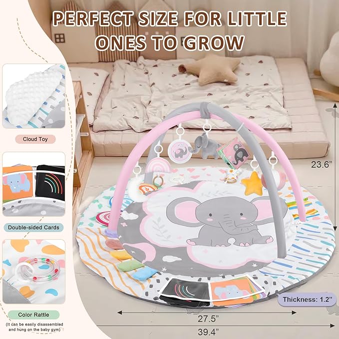 Baby Play Gym & Activity Mat, Tummy Time Mat with Cloud Toy, 7 Detachable Sensory Toys and Educational Cards for Motor Skills & Sensory Development, Baby Essentials Shower Gift, Pink Elephant