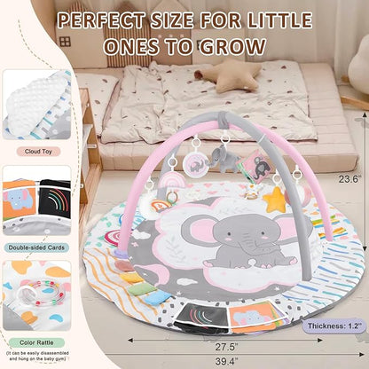 Baby Play Gym & Activity Mat, Tummy Time Mat with Cloud Toy, 7 Detachable Sensory Toys and Educational Cards for Motor Skills & Sensory Development, Baby Essentials Shower Gift, Pink Elephant