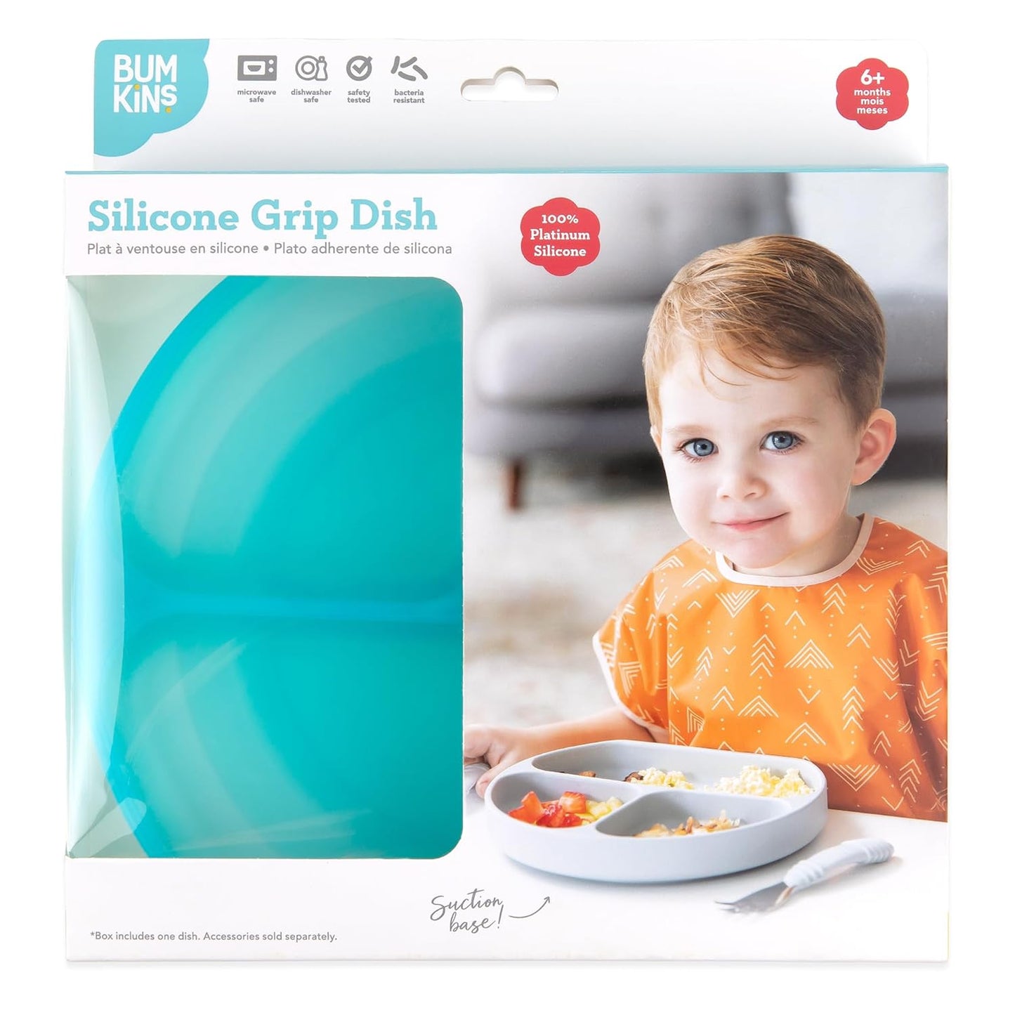 Bumkins Toddler and Baby Suction Plate, Divided Grip Dish for Babies and Kids, Baby Led Weaning, Feeding Supplies, Sticks to Tables and Highchairs, Platinum Silicone, for Chidren 6 Months, Gray