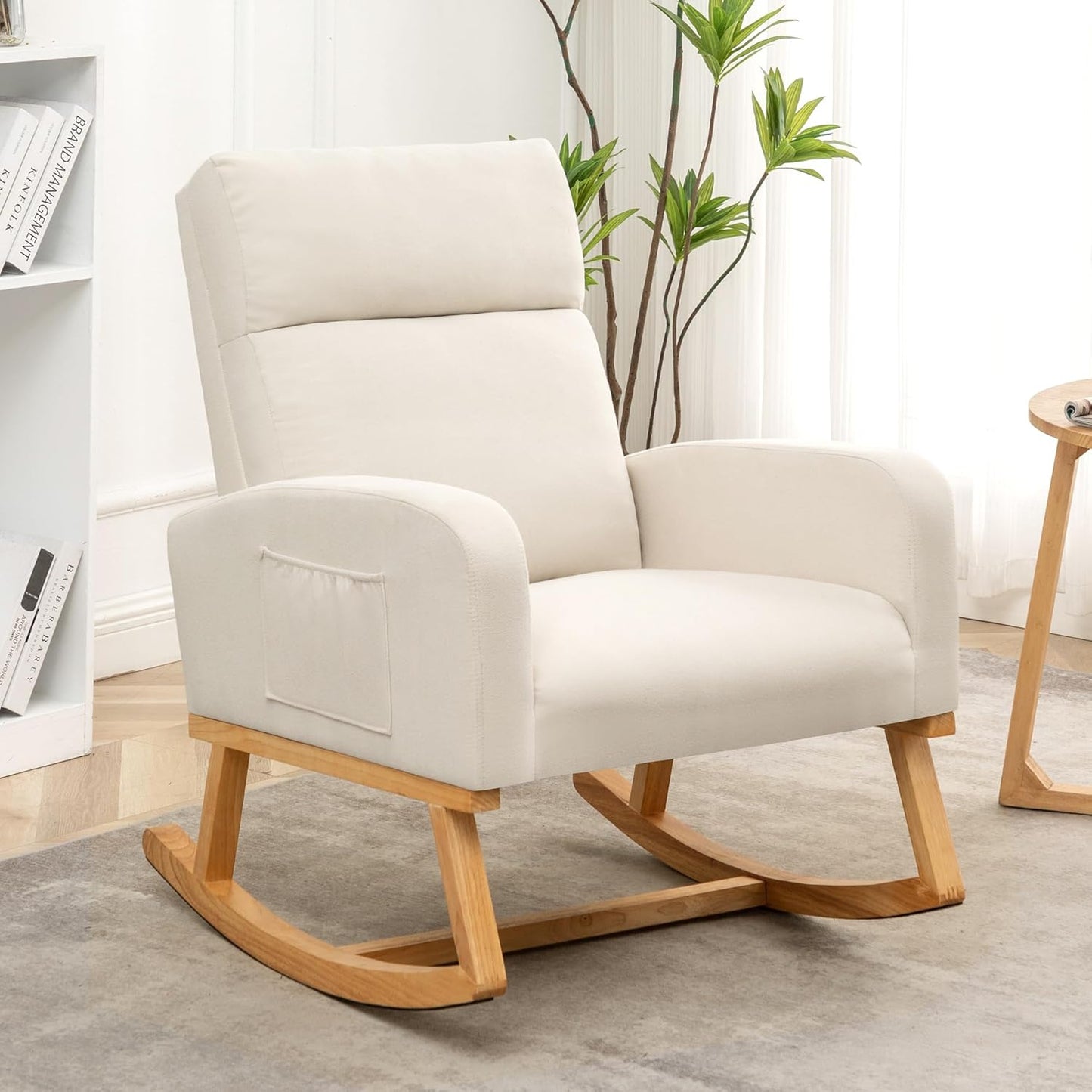 HCHAIRH Rocking Chair Nursery, Upholstered Fabricr Nursing Rocking Chairs with Soft High Back, Modern Nursery Glider Rocker for Mom Living Room, Bedroom, Camel