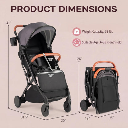HONEY JOY Lightweight Baby Stroller, Compact Travel Stroller w/Aluminum Frame, Footmuff, EVA Wheels w/Spring Suspension, Multi-Position Recline, One-Hand Fold Luggage Handle for Toddlers (Gray)