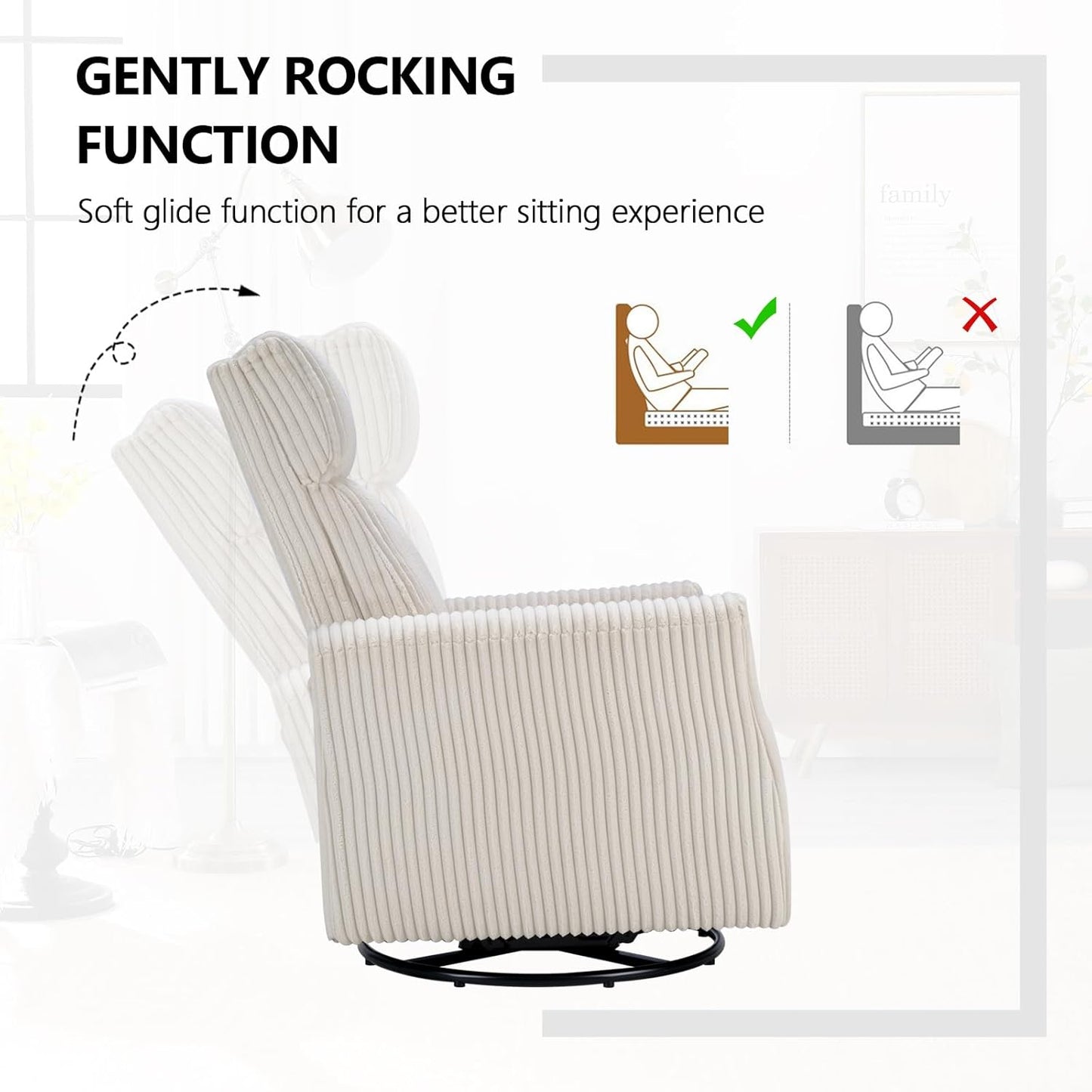 CANMOV Swivel Rocker Chair for Nursery, Swivel Accent Chair with High Back and Arms, Corduroy Glider Chair for Living Room Bedroom Nursery, Grey