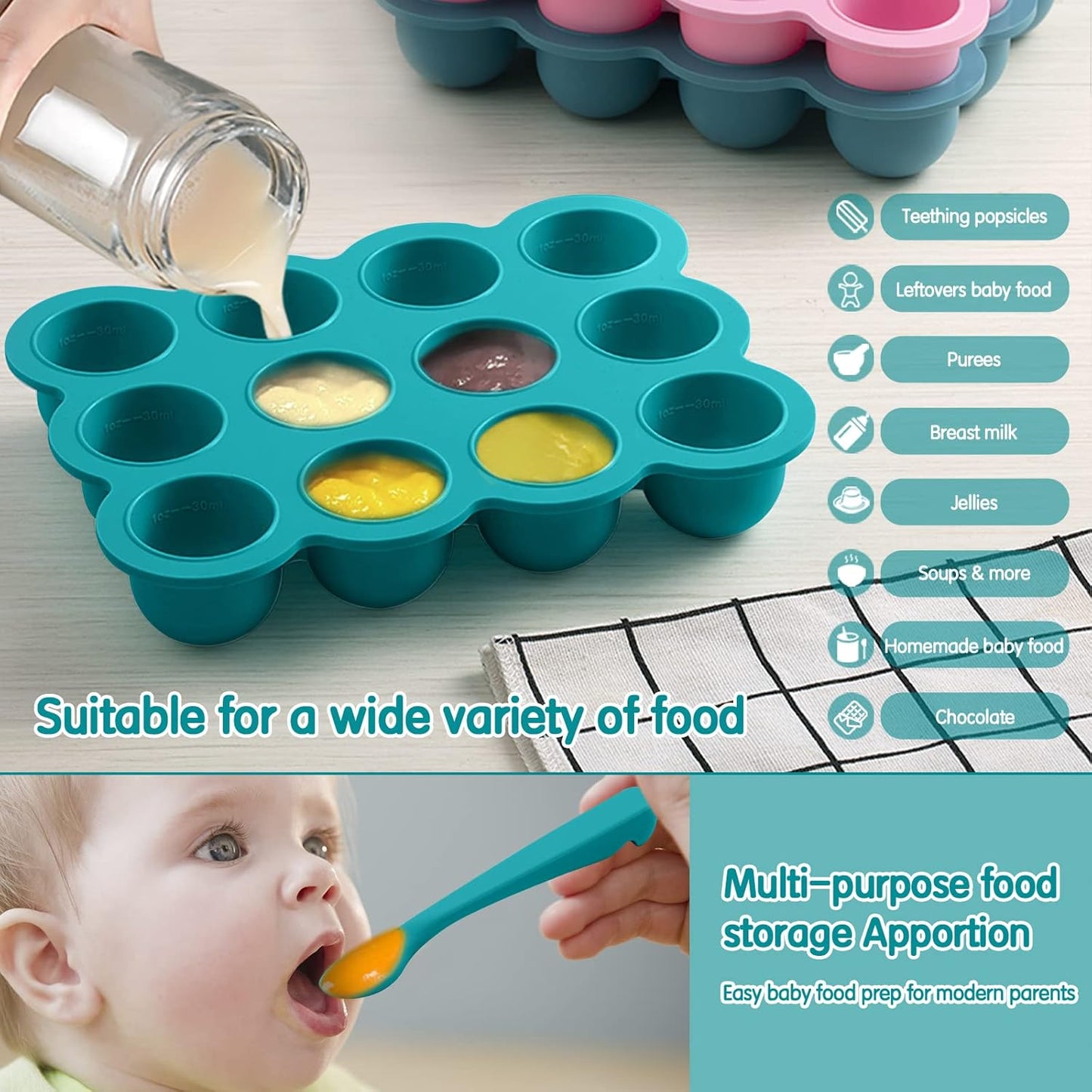 12x1.5oz Baby Food Storage Containers, Baby Food Freezer Tray with Clip Lid Gossamer Pink, Food Grade Silicone Freezer Trays for Purees & Vegetables