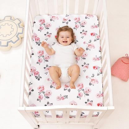 PHF 3 Pack Soft Mini Crib Sheets, Floral & Animal Pack N Play Sheets for Baby Boys Girls, No Slip Universal Fit for Pack N Play, Playard, Portable and Mini Crib Mattresses,Floral & Animal