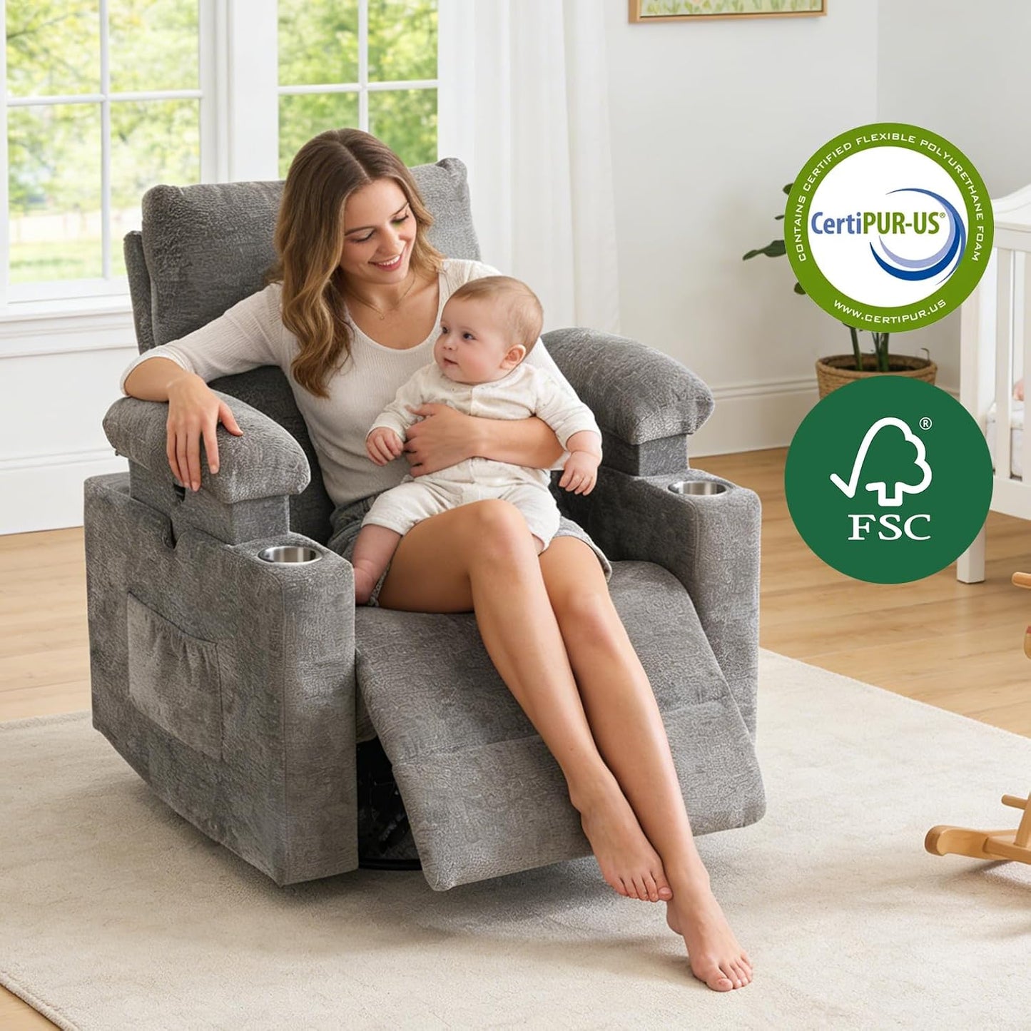 Rocking Chair Nursery with Adjustable Armrest for Breastfeeding, Glider Recliner Nursery Chair with Massage and Heat, Power Swivel Rocker Recliner with Adjustable Headrest, Corduroy, Beige