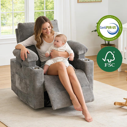Rocking Chair Nursery with Adjustable Armrest for Breastfeeding, Glider Recliner Nursery Chair with Massage and Heat, Power Swivel Rocker Recliner with Adjustable Headrest, Corduroy, Beige