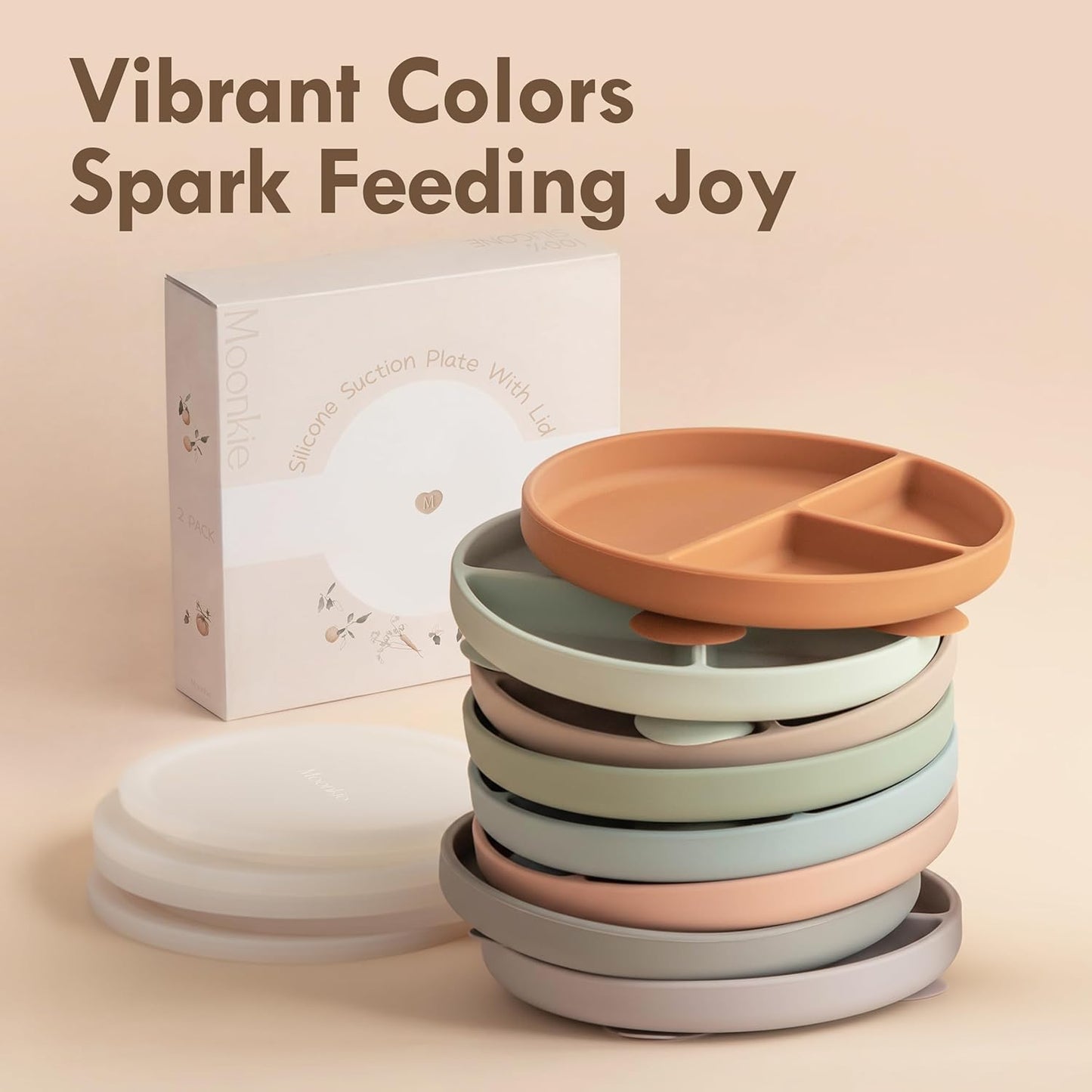 Moonkie Suction Plates for Baby | 100% Silicone BPA-Free Baby Plates with Lids and Food Cover | Divided Design | Microwave and Dishwasher Safe | Toddler Plates 3 Pack