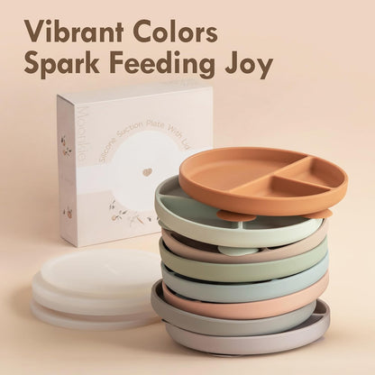Moonkie Suction Plates for Baby | 100% Silicone BPA-Free Baby Plates with Lids and Food Cover | Divided Design | Microwave and Dishwasher Safe | Toddler Plates 3 Pack