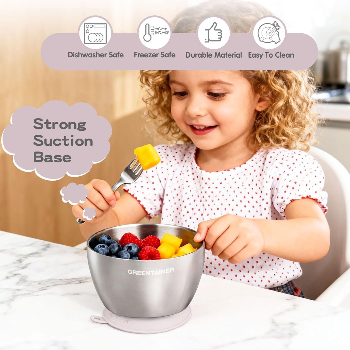 Greentainer Stainless Steel Baby Bowl Set of 3, Double Wall Insulated, Unbreakable Toddler Bowls with Removable Silicone Suction Base, Non-Slip, Dishwasher Safe, BPA-Free for Infants 6+ Months (Green)